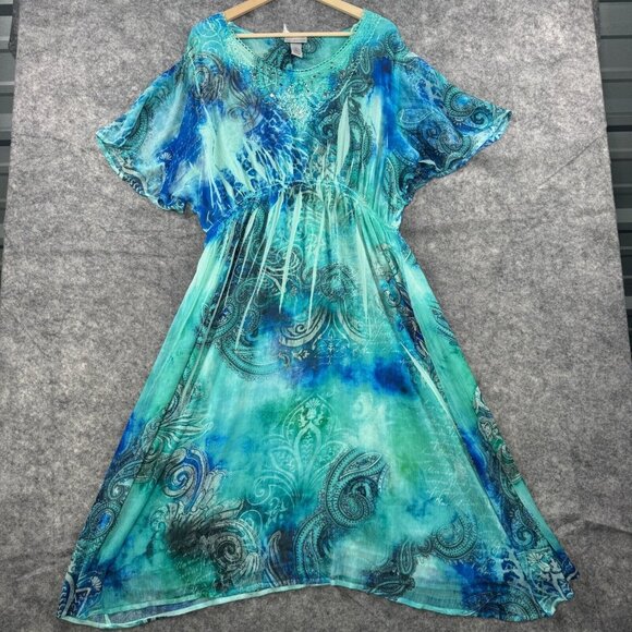 Catherines Dresses & Skirts - Catherines Dress Womens Plus 2X Blue Watercolor Fairy Rhinestone Studs Babydoll